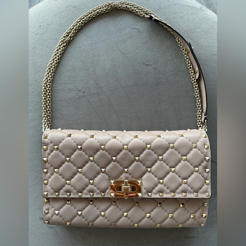 Valentino Rockstud Spike Small Quilted Leather Shoulder Bag Taupe (FINAL PRICE)